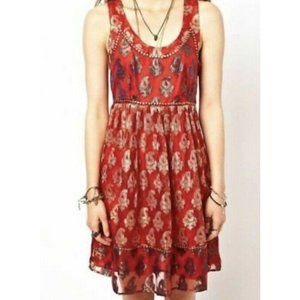 Free People Metallic Embellished Sleeveless Gold Red, Blue Indian Style Dress 10